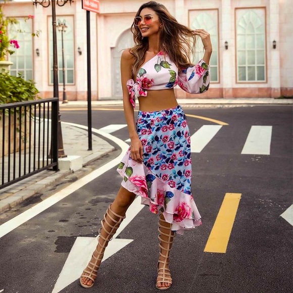 New Floral Print Sexy One Shoulder 2 Pieces Dress - Picture 2 of 5